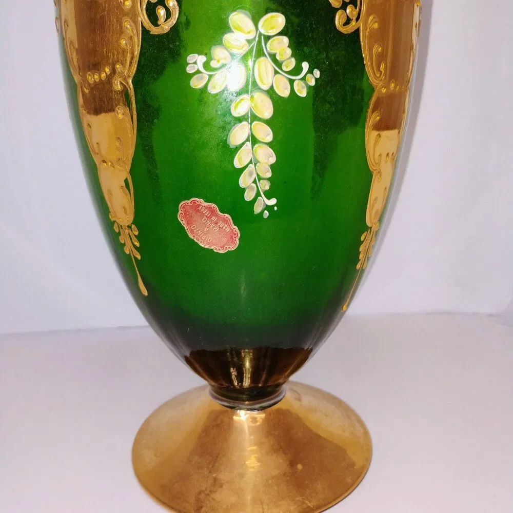 18” Handmade Italian Decorative Vase – Green & Gold Bohemian Glass-hand painted